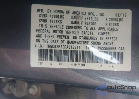 2013 Honda Accord Lx from USA, damaged, VIN 1HGCR2F30DA015311